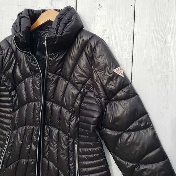 GUESS Shiny Womens Size XL BLACK Quilted Full Zip Pockets Puffer Jacket NEW - Picture 6 of 13
